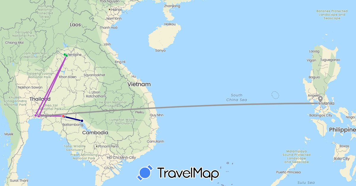 TravelMap itinerary: driving, bus, plane, train, hiking in Cambodia, Laos, Philippines, Thailand (Asia)